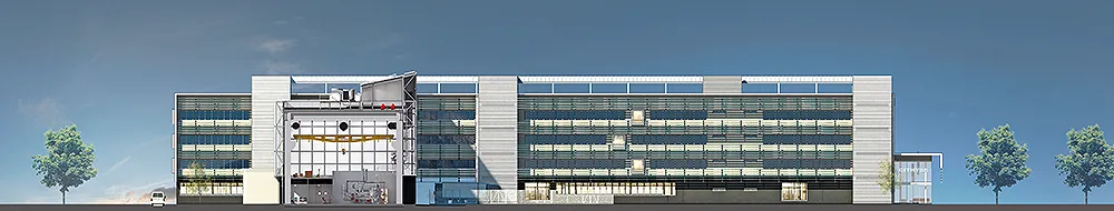 Façade sud avec coupe sur halle technique