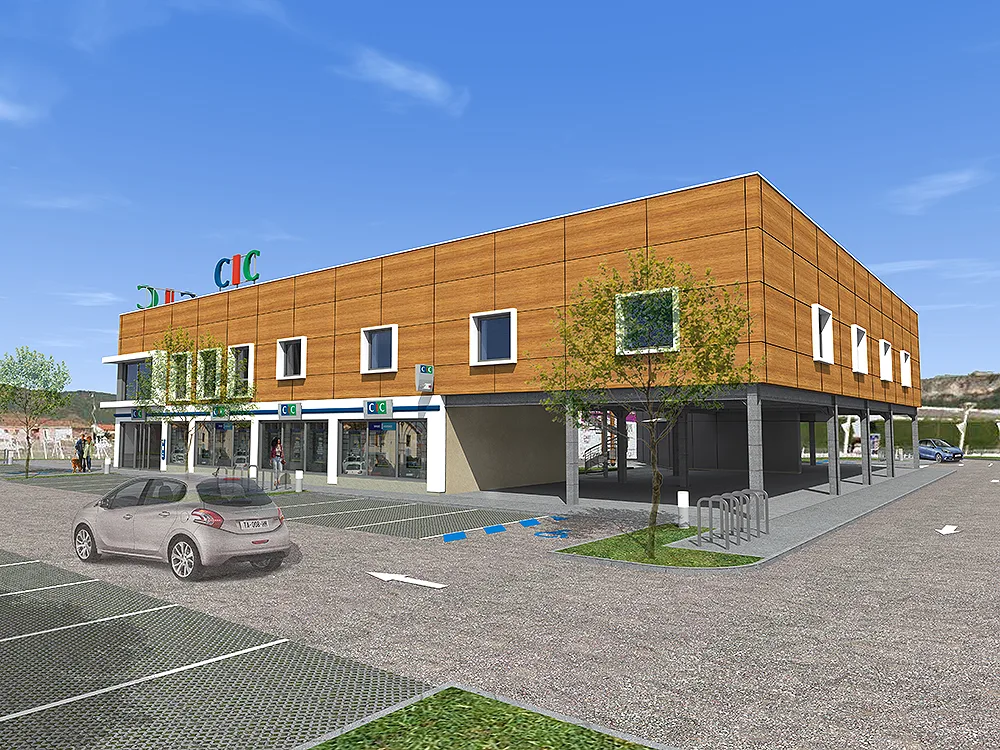 Image de synthèse - Vue ouest du bâtiment mixte