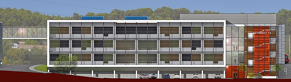 Bâtiment N° 13 façade sud bureaux/Laboratoires/accès parkings et espaces verts