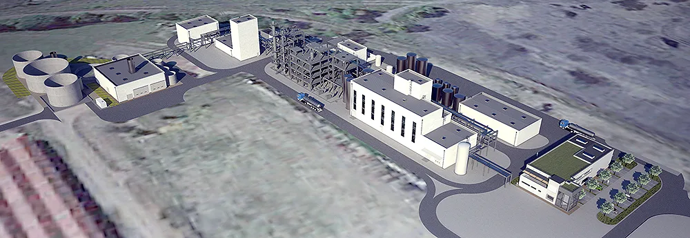 Image de synthèse - Vue aérienne Sud-est de l'ensemble du site industriel